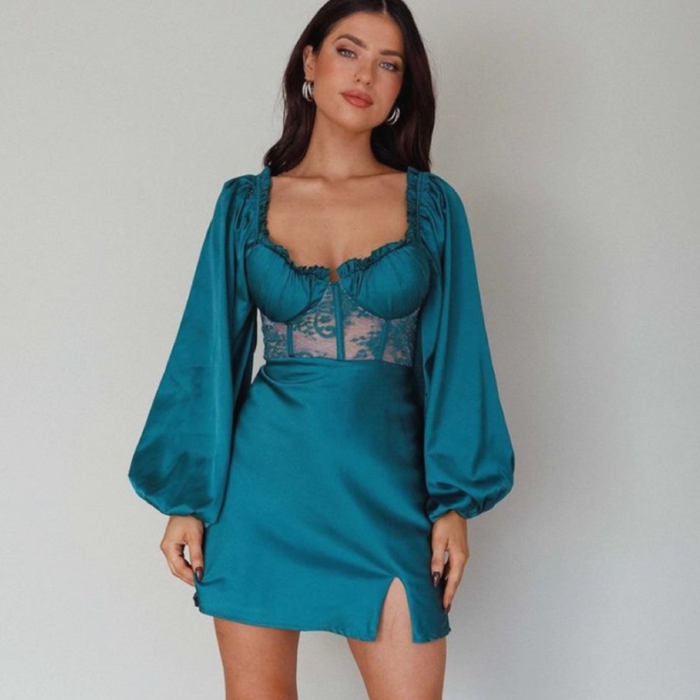 Teal Satin Long Sleeve Dress